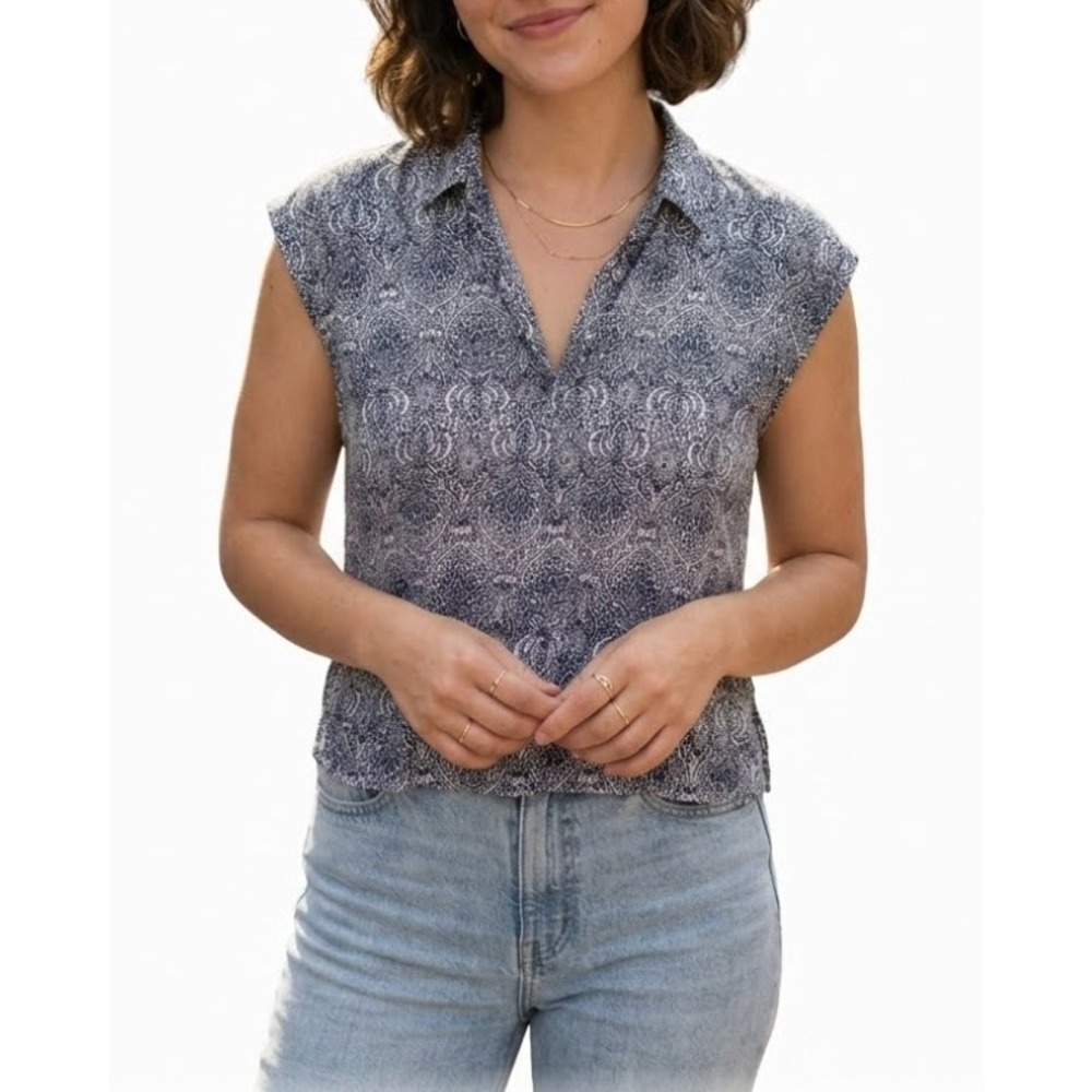 Rachel Zoe Blue White Paisley 100% Linen Sleeveless V-Neck Blouse Top Large